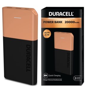 Duracell 20000 MAH Slimmest Power Bank with 1 Type C PD and 2 USB A Port, 22.5W Fast Charging